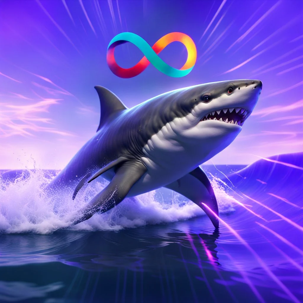 infinity symbol ∞ with vibrant powerful shark jumping out of the sea, with a strong wave flowing behind, striking, chiaroscuro, dramatic, captivating, powerful, fantasy, beautiful, octane render, 16k post-production, artstation: award-winning: atmospheric: commanding: fantastical: clarity: ultra quality: striking: brilliance: stunning colors: amazing depth; lens: f/11, 35mm
