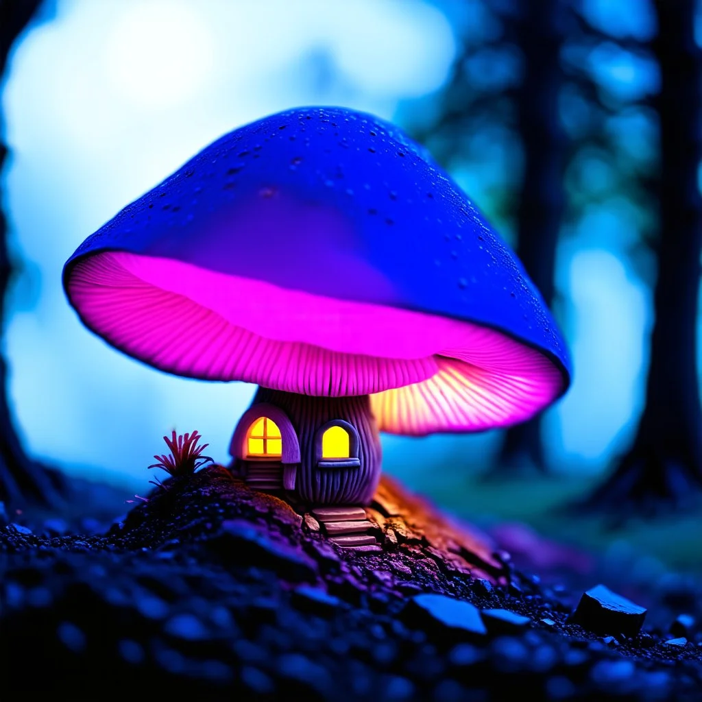 "Close up of a wonderful tiny Mushroom Tower home. Magenta and blue with bright white, deep black and contrasting tones of gray magenta and violet colors. Illuminated bioluminescent forest. Professional painter, master at composition. small but detailed. broken, blurred background, voluminous lighting"