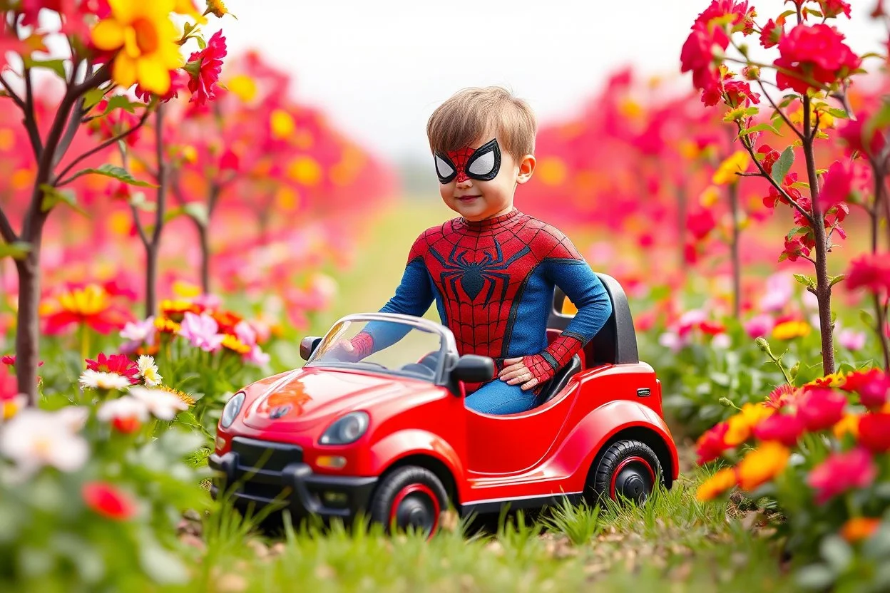 Here is the translation to English: "A beautiful boy in Spider mancaracter standing in a toy car in a flower and tree farm"