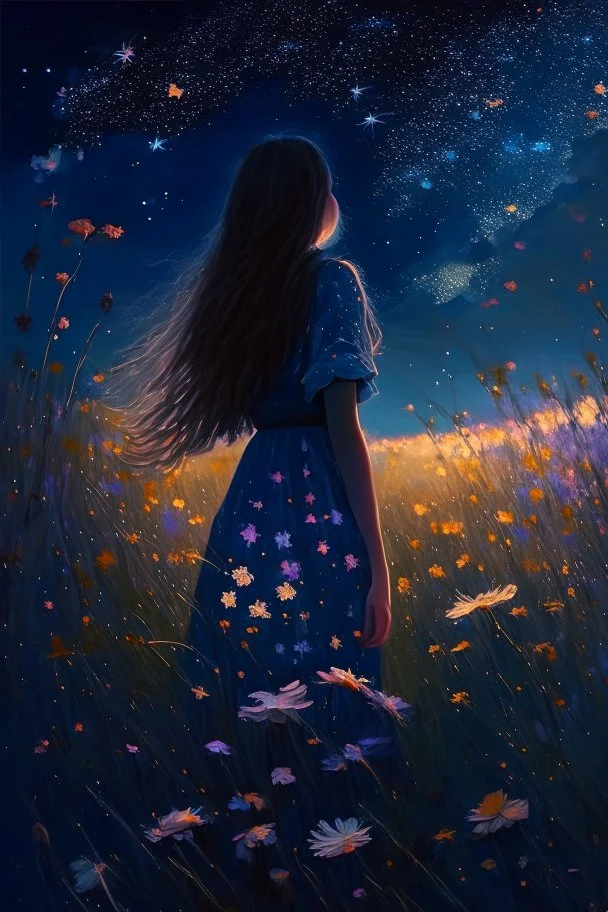 girl standing from behind, night, stars, beautiful painting, field, beautiful girl, dream, summer, shining stars, beautiful flowers, 8k