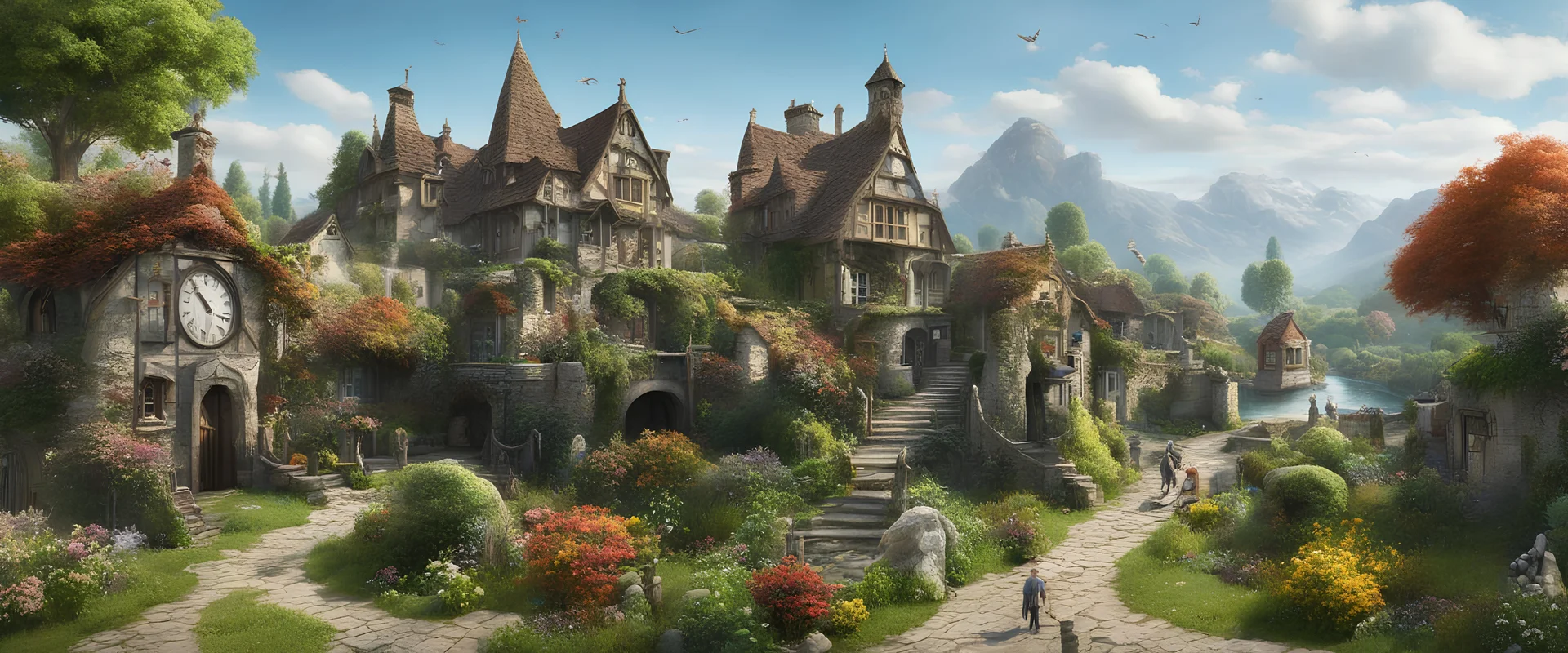 A busy surrealist market in a beautiful sunny countryside scene with distant hills & fields, many conjoining intricate characterful dwellings & a clock-house (designed by Esher & Dali), pathways & walkways, stairways & bridges, waterfalls & a waterwheel : ultra high detail, photorealistic, epic cinematic, 8K, Large depth of field