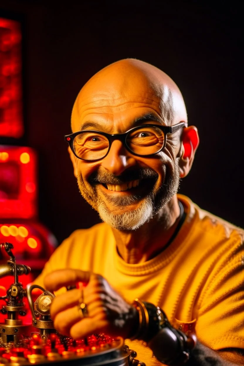 Portrait of a man with a radio helmet on his head. Wearing glasses. A small beard of pepper and salt. He is bald. White. He is a metal fan and smiles. Flames surround him. In the background, a robot gives him a finger.