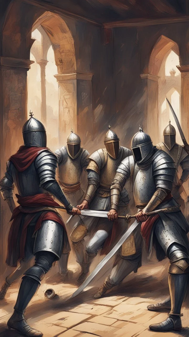 A group of Muslim knights kill a knight with a sword, inside his house