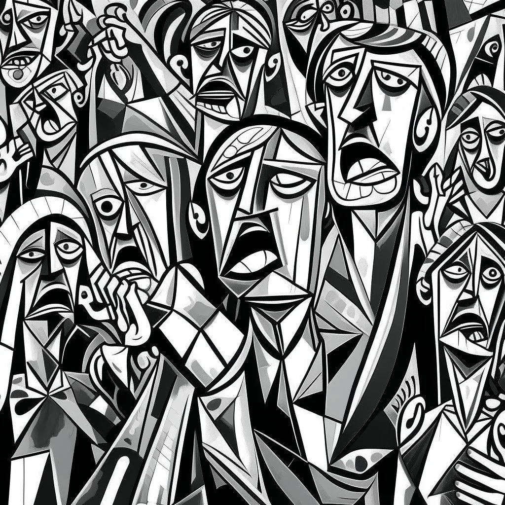 picasso cubism crowd of people black and white screaming