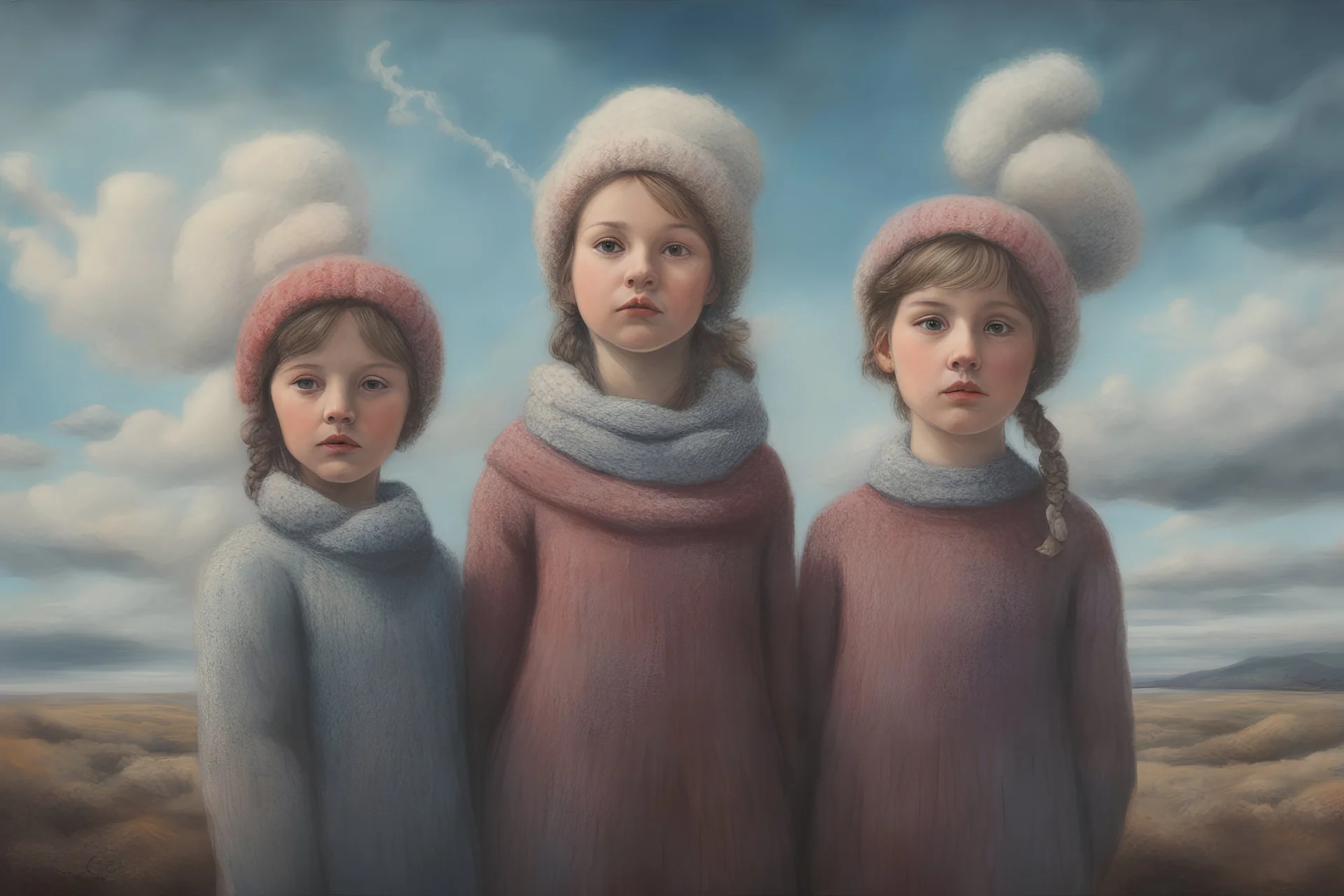 Surreal painting of 2 girls with woollen hats, the sky in the background