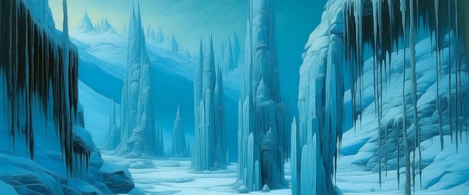 Cyan snowfields with a mystical cave designed in pacific Northwest totem poles painted by Caspar David Friedrich