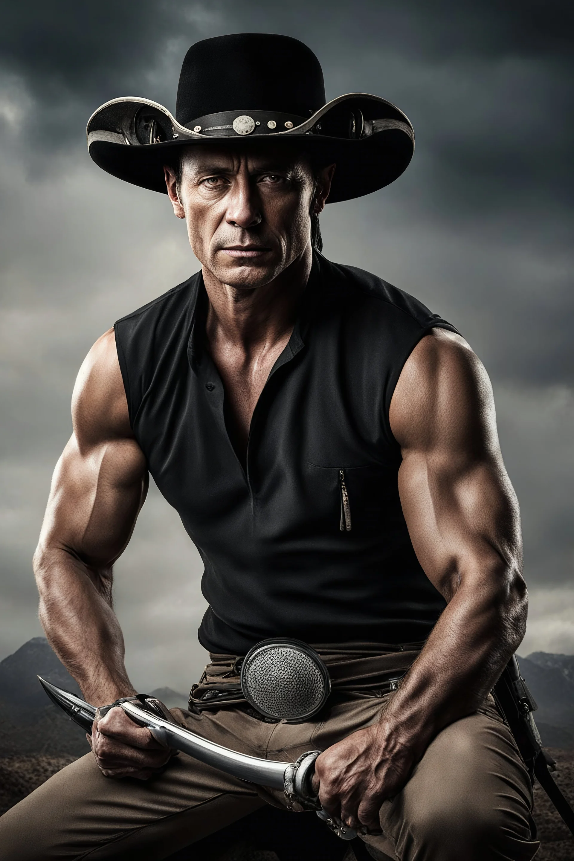 Full Color - uncropped, full body image, head to foot, 4k ultra-HD, hyper realistic, photorealistic, professional quality digital photograph - Extremely muscular E.A. Presley aka the LONE RANGER, extremely over exaggerated muscles, short, dark, crew-cut hair, large, curved down nose, large square chin, dark, intense eyes, light blue, skintight, formfitting cotton jumpsuit, red kerchief bandana, black venetian mask, double holstered utility belt, two Colt 45 caliber pistols, knee-high cowboy boo