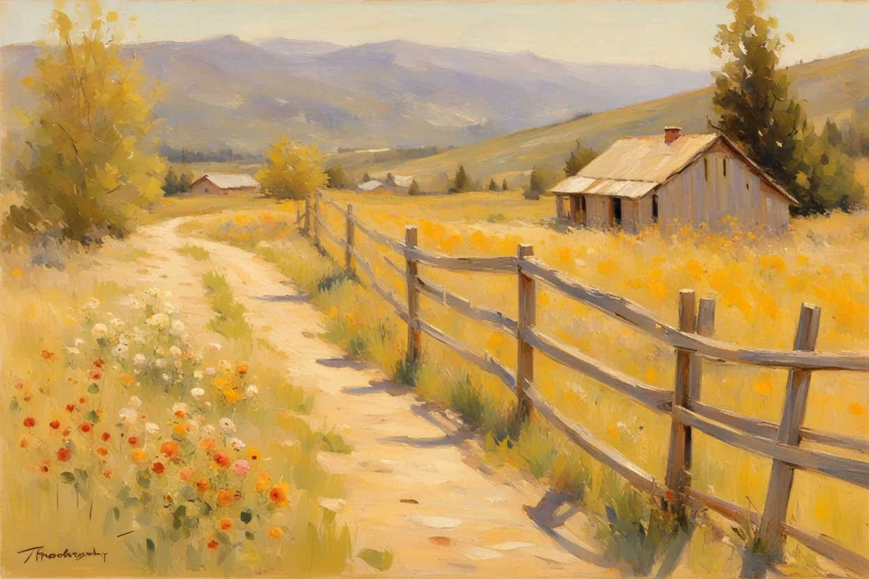 Sunny day, flowers, mountains, fence, distant cabin, pathway, theodore robinson impressionism painting