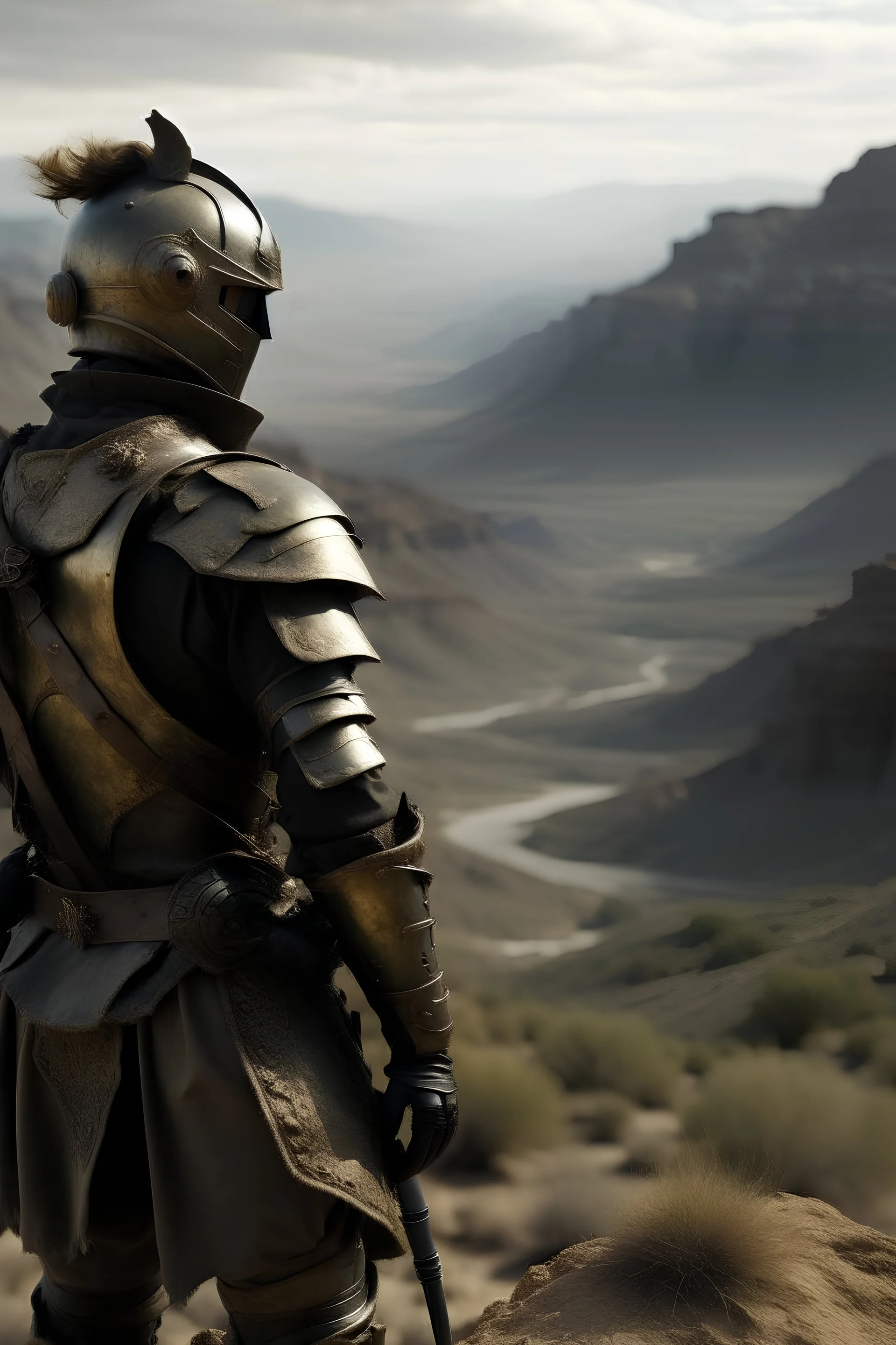 realistic photo of a man distant from camera in full armor adorned in Victorian style with a canyon in the background