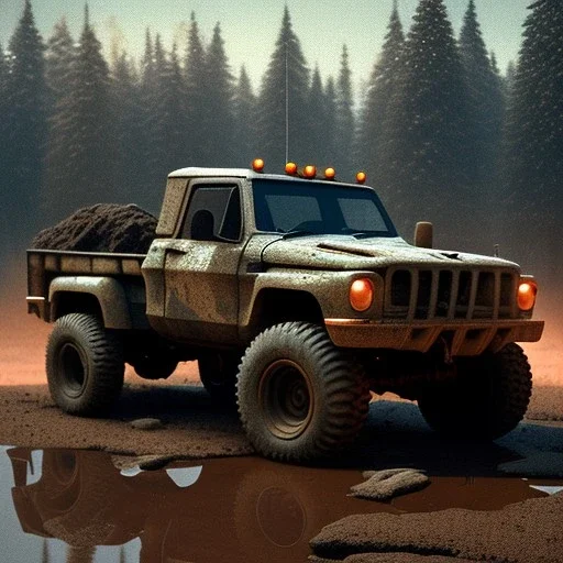 stylized hyperrealistic shot, muddy aggressive military toy truck, monotone color palette, sharp focus, puddle reflection, tire water splash, refraction, sunset, rocky terrain with huge boulders, detailed and intricate, cinematic composition, micro, tilt shift photography, unreal engine 5, octane render, 8k, cinematic lighting