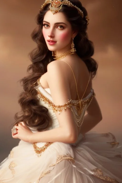 long shot beautiful and gorgerous duchess with incredible jewellery in 19th century clothing by Greg Rutkowski and Artgerm and Emile Vernon and Vladimir Volegov, in a brown dress, mystical castle background, art illustration, natural beauty, muted colors, pastels, perfect fingers, higly detailed, expressive, high detail, symmetrical, digital painting, symmetrical eyes, dynamic lighting, artstation, cinematic lighting, intricate artwork, emitting diodes, smoke, artillery, sparks, racks, system u