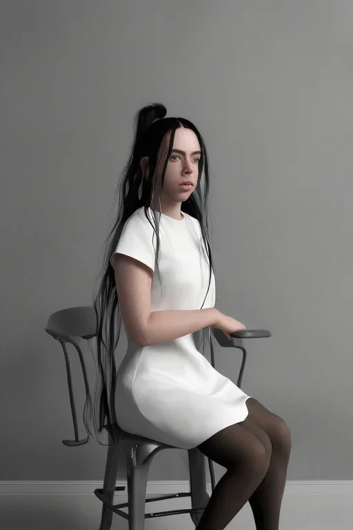 Billie Eilish, sitting on a chair, Black Short Dress, high detail, realistic