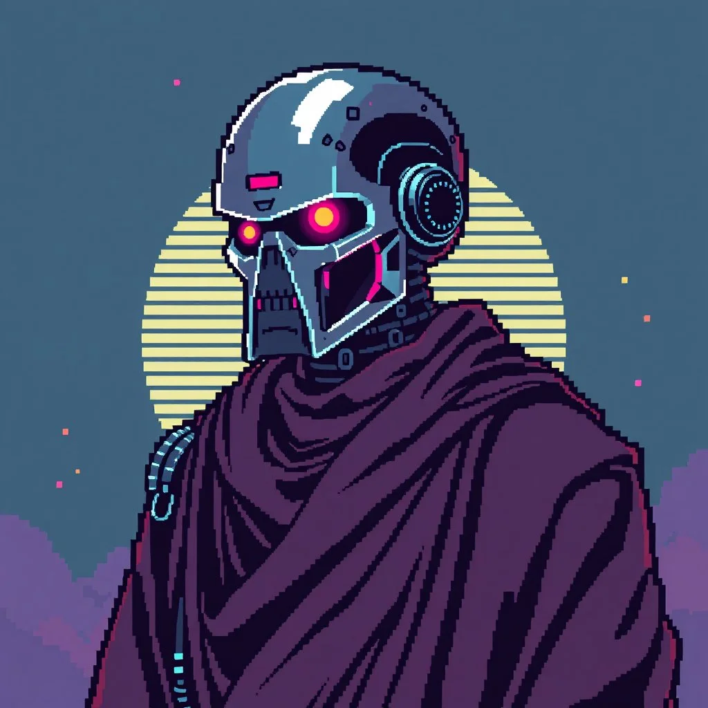8 bit pixelart of a terminator like robot, synthwave colored, vaporware, budist monk robe
