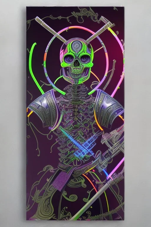 Futuristic Neon crystal skeleton samurai smoke glass fire