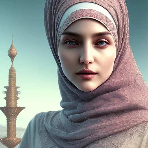 close up portrait of woman in hijab, fine detail, highly intricate, modern surrealism painting, defined cracks and breaks, high-quality, volumetric lighting, 8k, ultrahd, George Grie, Marco Escobedo, Igor Morski,Brian Froud, Howard Lyon, Selina French,