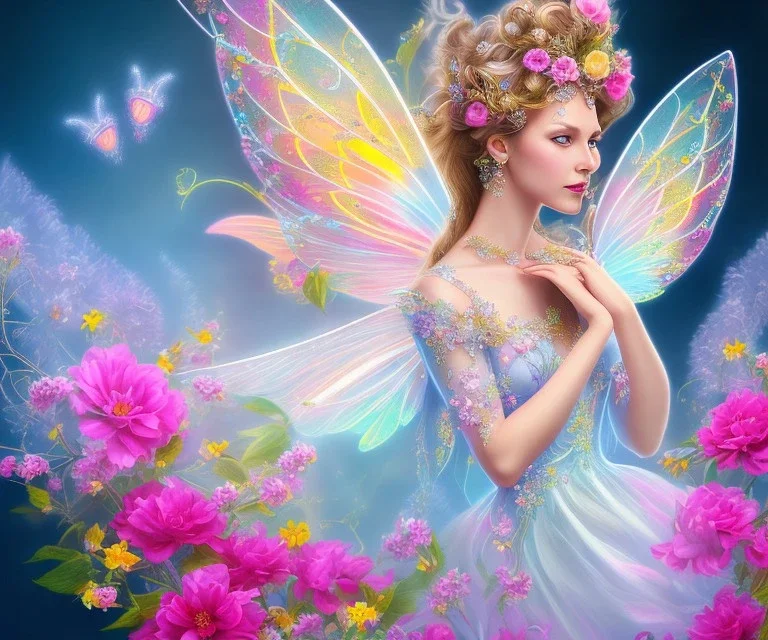 beautiful bright fairy portrait who smiles with long hair, thin face, two hands, two transparent wings on her back in a pink,blue, yellow flowers background,