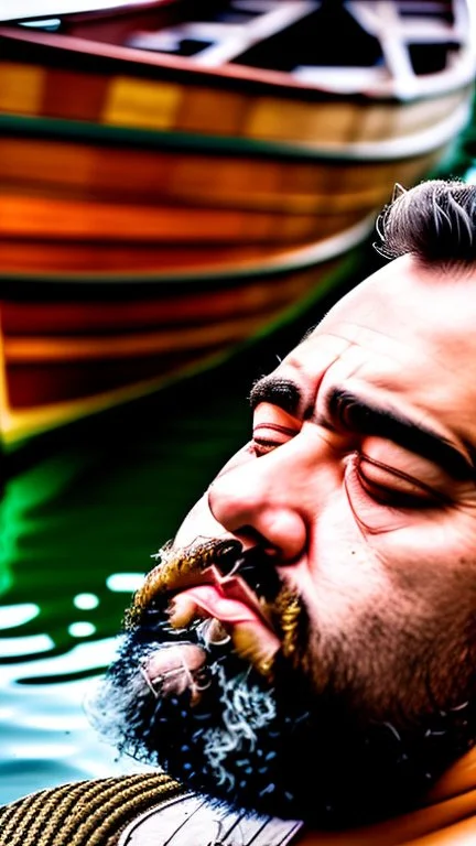 close up photography of a serious burly turkish fisherman sleeping sunbathing sitting in a fisher wooden boat, in boxer, manly chest, ugly, 31 years old, bullneck, beard, muscular chubby, angry eyes, photorealistic, Canon EOS, 8k