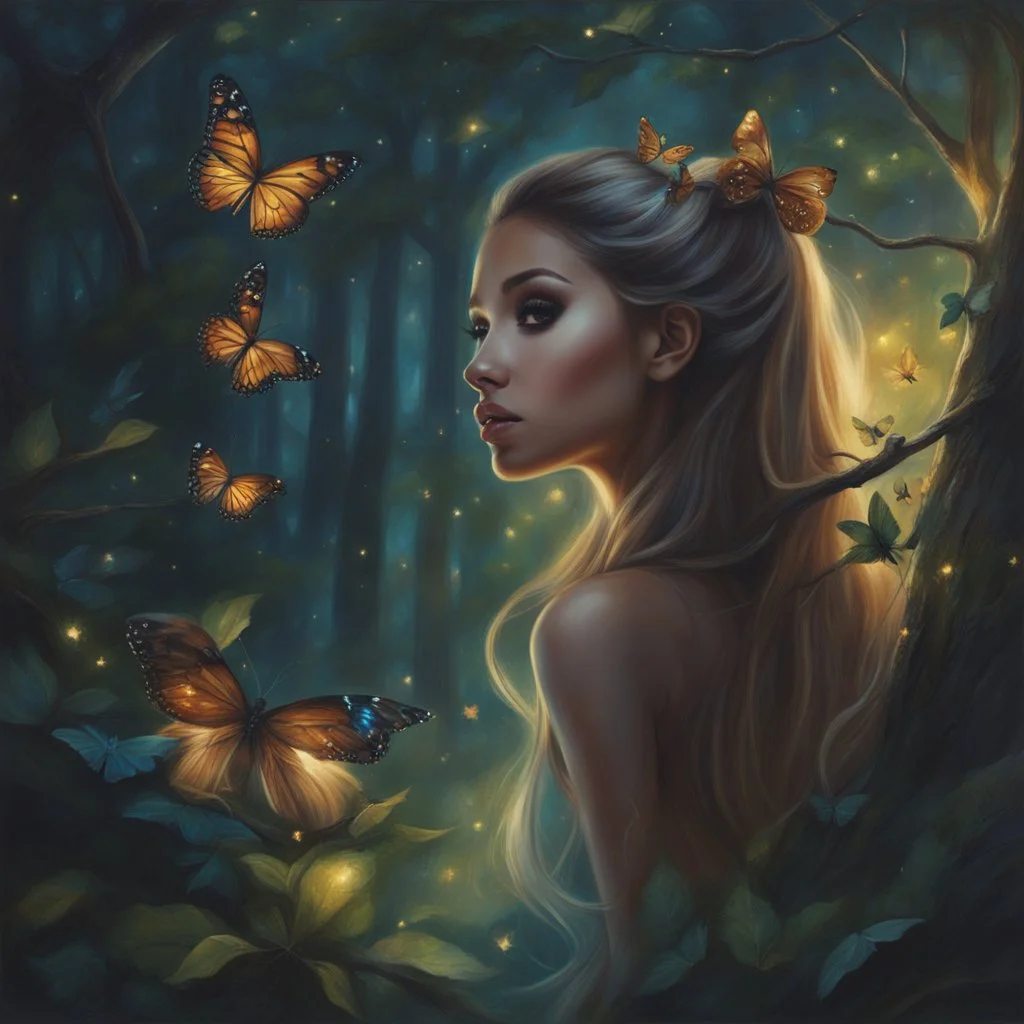 Painting of a beautiful girl, beautiful, pretty face, young girl, fantasy art, Ariana Grande's face, dream, trees, forest, dark night, song, glitter butterflies, fantasy