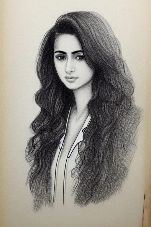 Pencil sketch of Young woman , nurse , Arab features,sad, long wavy hair, full body، on lined paper