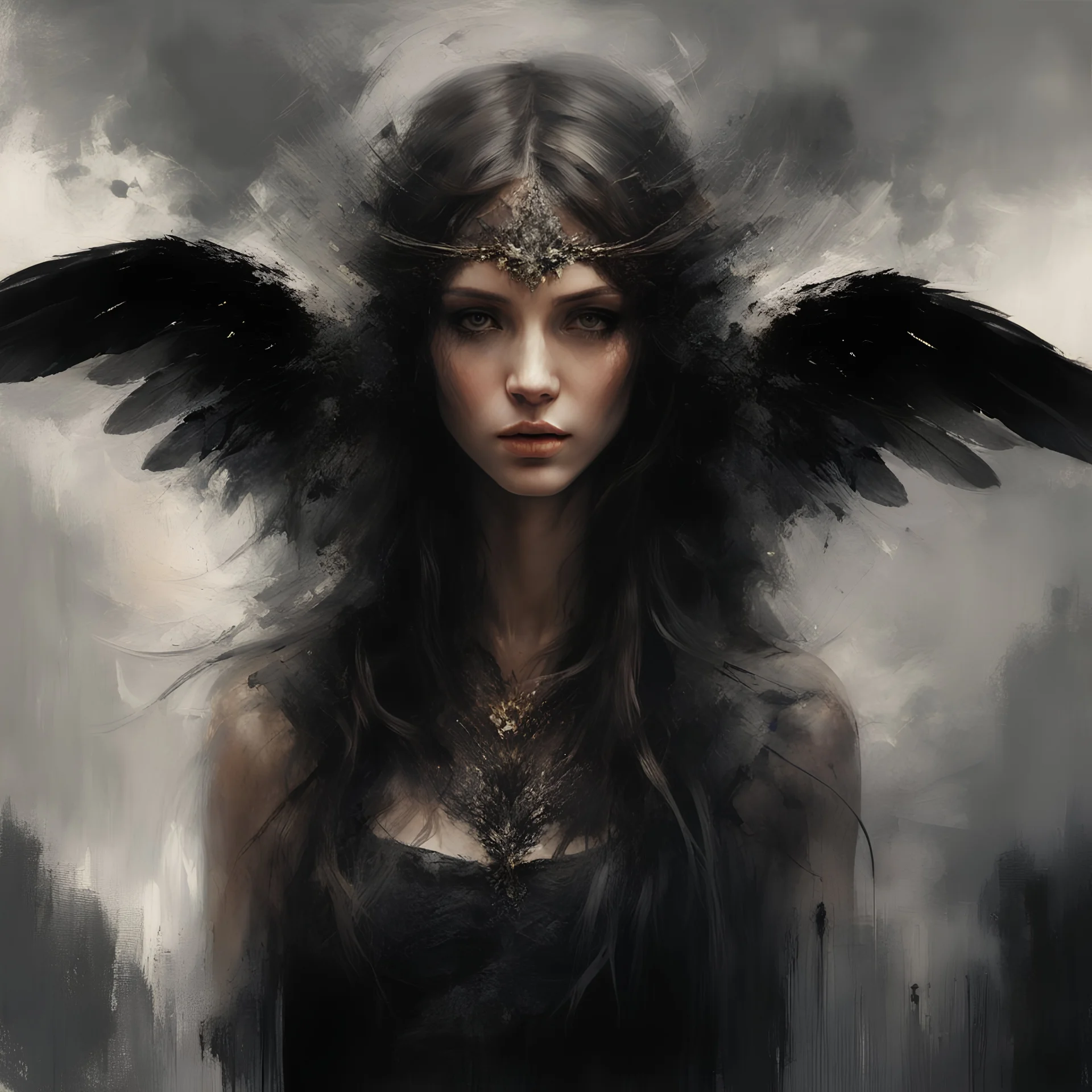 Dark and ethereal, the angel's black wings spread. Each wing carried with it an ancient story, a deep secret that hid in the shadows. cinematic detailed mysterious sharp focus high contrast dramatic volumetric lighting, :: mysterious and dark esoteric atmosphere :: digital matte painting by Jeremy Mann + Carne Griffiths + Leonid Afremov,, dramatic shading, detailed face