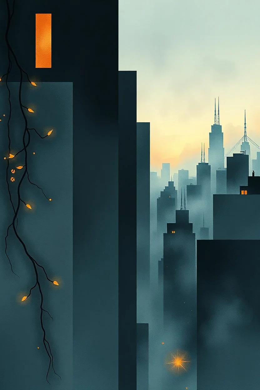 An abstract cityscape at dusk, where geometric buildings dissolve into soft, hazy forms. Delicate flora vines creep up the stark structures, their leaves catching the last light. The scene evokes a sense of urban melancholy, rendered with a sense of ethereal beauty. The style is a blend of minimalist composition and soft, blended watercolor textures, inspired by the clean, zen-like lines of Japanese woodblock prints. Modifiers: fantastic view highlighted by fog and particles illuminated by the r