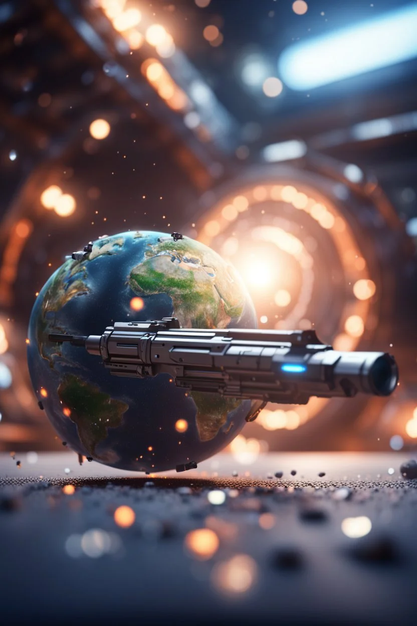 earth gun , in front of space portal dimensional glittering device, bokeh like f/0.8, tilt-shift lens 8k, high detail, smooth render, down-light, unreal engine, prize winning