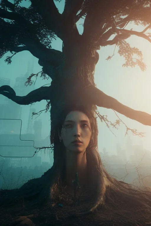 Cyberpunk theme, Oak tree roots holding woman inside, misty sunny day, close-up portrait,