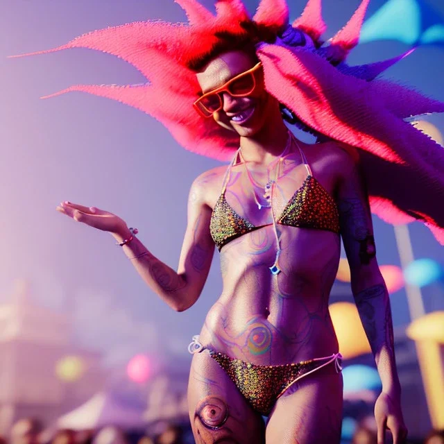 Ultra Realistic photo, medium shot view, drunken dancer bikini woman, carnival scene, monster hair, steampunk. Red hair, confeti, Sunglasses, smile, happy, festival, gradient color fog. highly detailed, concept art, unreal engine 5, ray tracing, RTX, lumen lighting, ultra detail, volumetric lighting, 3d, finely drawn, high definition, high resolution.