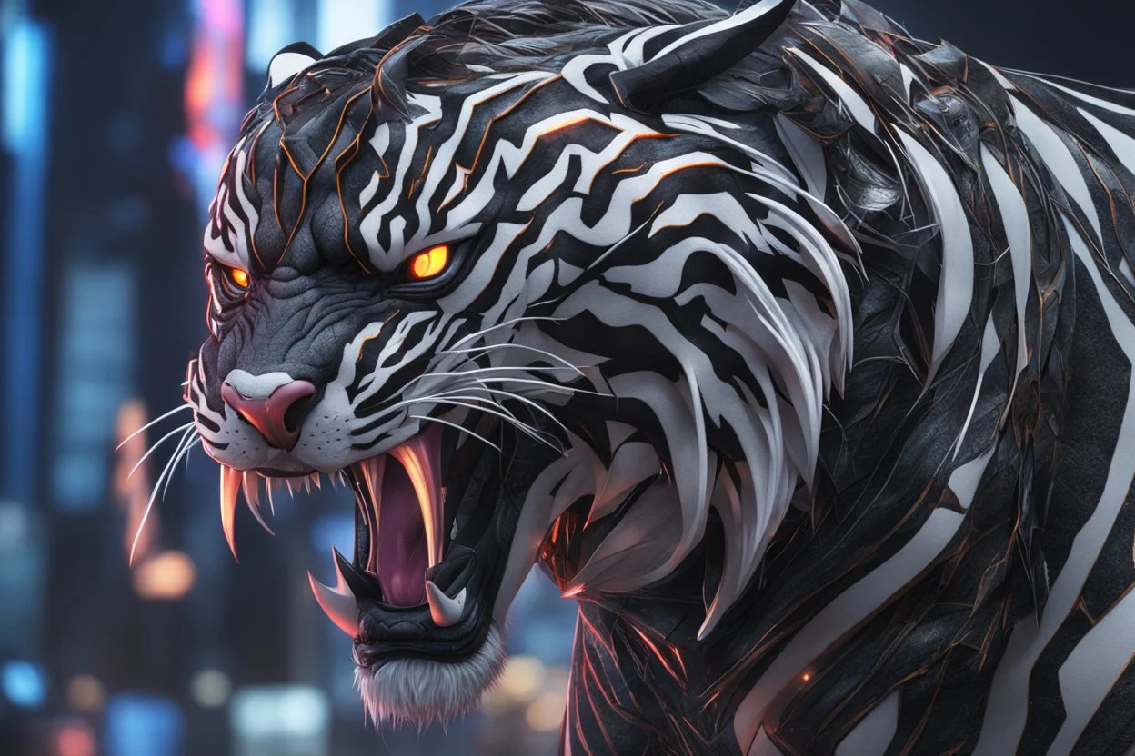 Venom beast in 8k anime cgi artstyle, white tiger them, neon effect, close picture, full body, apocalypse, intricate details, highly detailed, high details, detailed portrait, masterpiece,ultra detailed, ultra quality