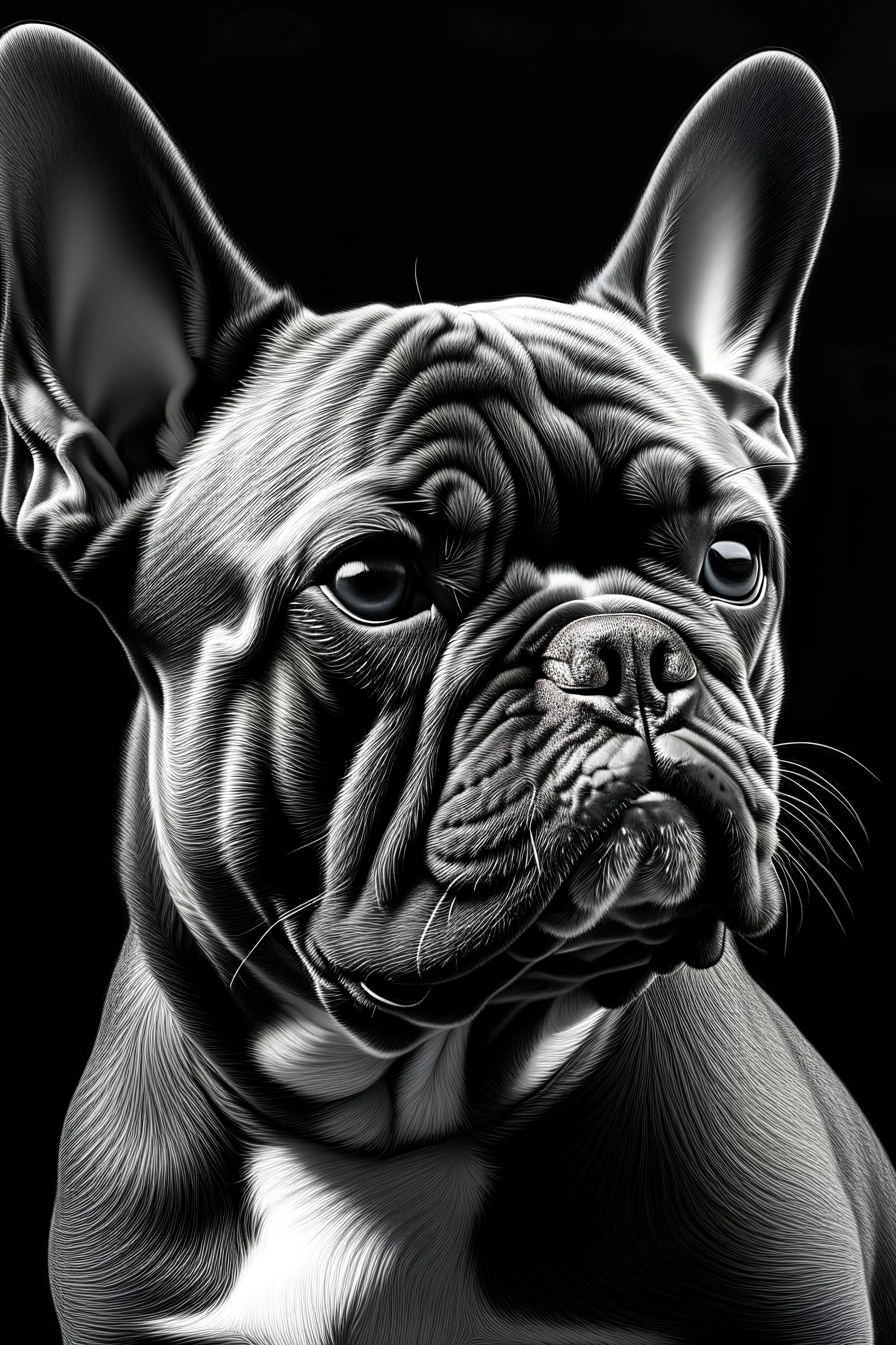 A hyper-realistic French bulldog drawn using lines