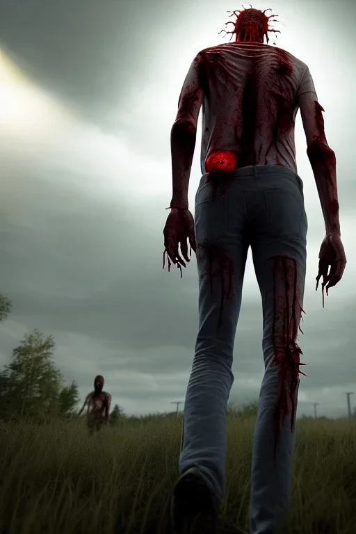 realistic image, joe biden zombie, zombie posing, arm cut and bleeding, amputated leg, night, walking with a limp, waist up view, dark ambient, highly detailed, sky background, concept art, unreal engine 5, god rays, ray tracing, RTX, lumen lighting, ultra detail, volumetric lighting, 3d, finely drawn, high definition, high resolution.