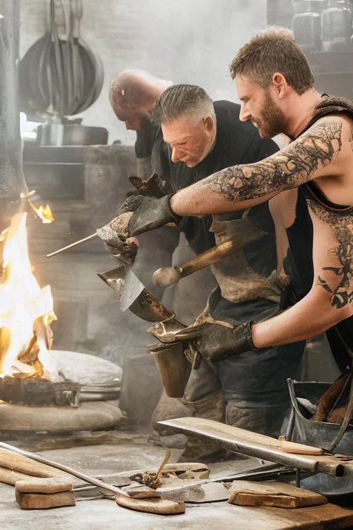 Close view of dirty blacksmith with Leather apron, a man holding he's forearm, the blacksmith is burning the Bitcoin logo with an branding iron onto the arm of a screaming man, hot oven in background, dirty room, 8k, super realistic, very detailed, eary feeling, emphasis on the logo