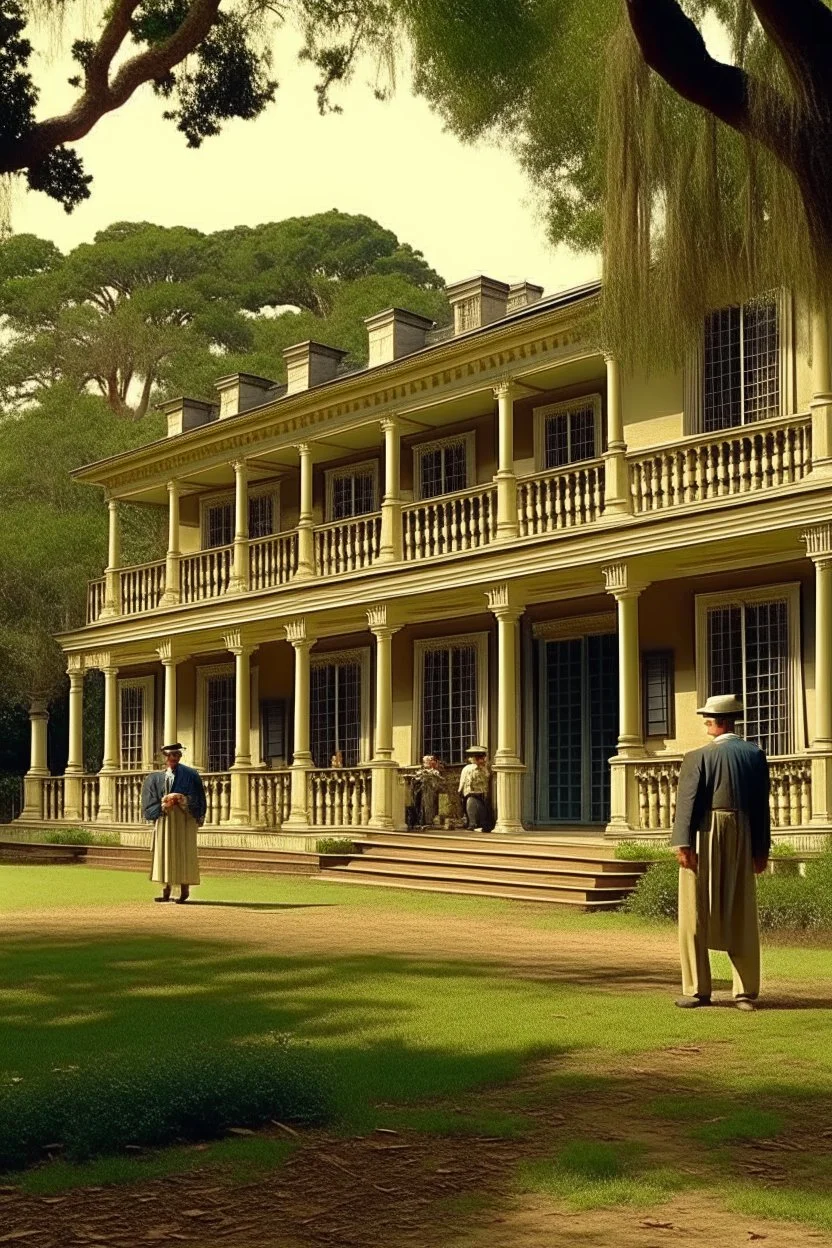 Illustrate a grand plantation setting in the 1800s, with Isaac Franklin and John Armfield as wealthy slave owners. Highlight their opulent lifestyle and the beginning of their partnership.