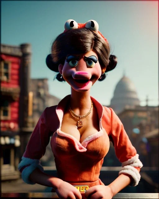 waitress woman with muppet mask that covers her entire head, retro style, Sesame Street style, smooth, unreal engine 5, god lights, ray tracing, RTX, lumen lighting, ultra detail, volumetric lighting, 3d.