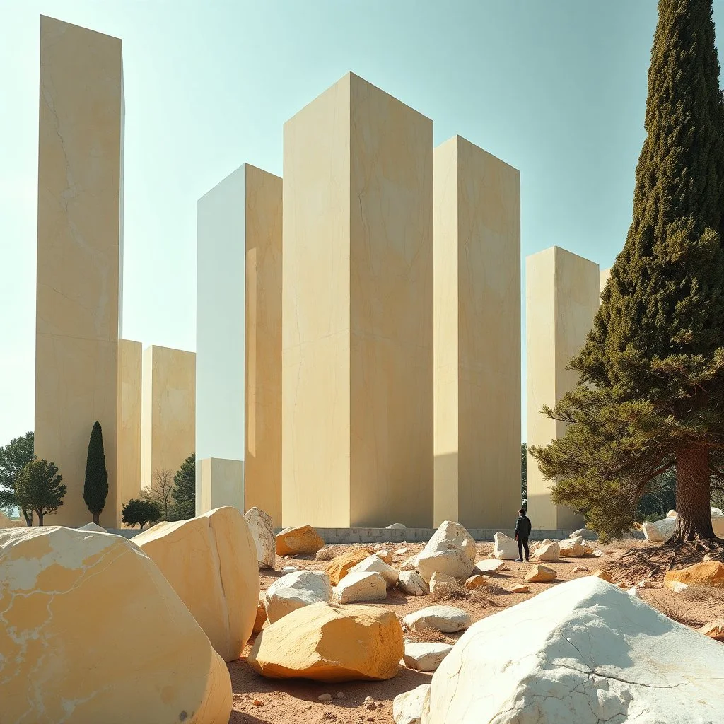 Magnifica immagine di un paesaggio con marmi gialli imponenti accanto a strutture artificiali verticali altissime e alberi. S Queste strutture sembrano blocchi rettangolari riflettenti, come colonne di vetro, che creano un contrasto tra il naturale e l'artificiale. Gabbia brutalista si erge solitaria. Persona osserva. bianco con venature e solchi. Strani edifici. La scena trasmette un senso di dialogo tra elementi organici. Dettagli degli specchi e delle rocce molto accentuati.