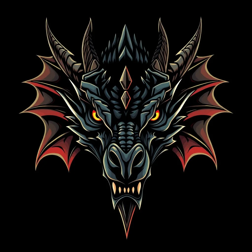 centered looking the camera crepy stunning dragon head on black background,, dark fantasy, , centered, 2d logo art,, detalied, professional, alcohol ink, strong thick line art, vector graphics, dark mood, realistic, deep colors, cinematic