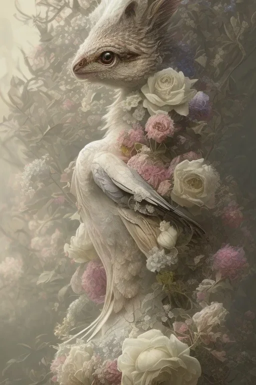 Victorian animal with white flowers, in the style of Camilla d'Errico, hyper detailed, beautiful, complex, trending on artstation, cinema4d, cryengine, national geographic photo, chiaroscuro