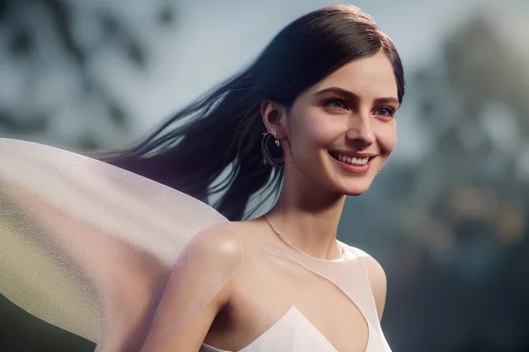 beautiful fairy very etheric, smiling, delicate colors, transparent wings, beautiful glamour dress, ultra sharp focus, 8k, unreal engine 5, extremely sharp detail, light effect, soft light atmosphere, smooth