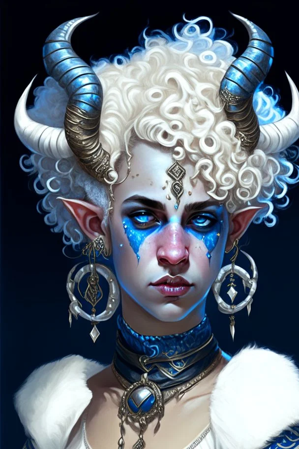 A young tiefling woman with a set of ram horns on her head encrusted with jewels, White-Blonde, short curly hair, black eyes, dressed in white and blue with lots of jewelry, beautiful