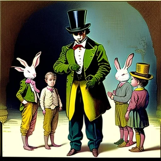 A magician stands in front of a group of children who sit in front of him on a mat on the floor and pulls out a rabbit from a top hat, the children look open-mouthed and wide-eyed and clap their hands, in the background a parrot stands on a pole and observes what is happening