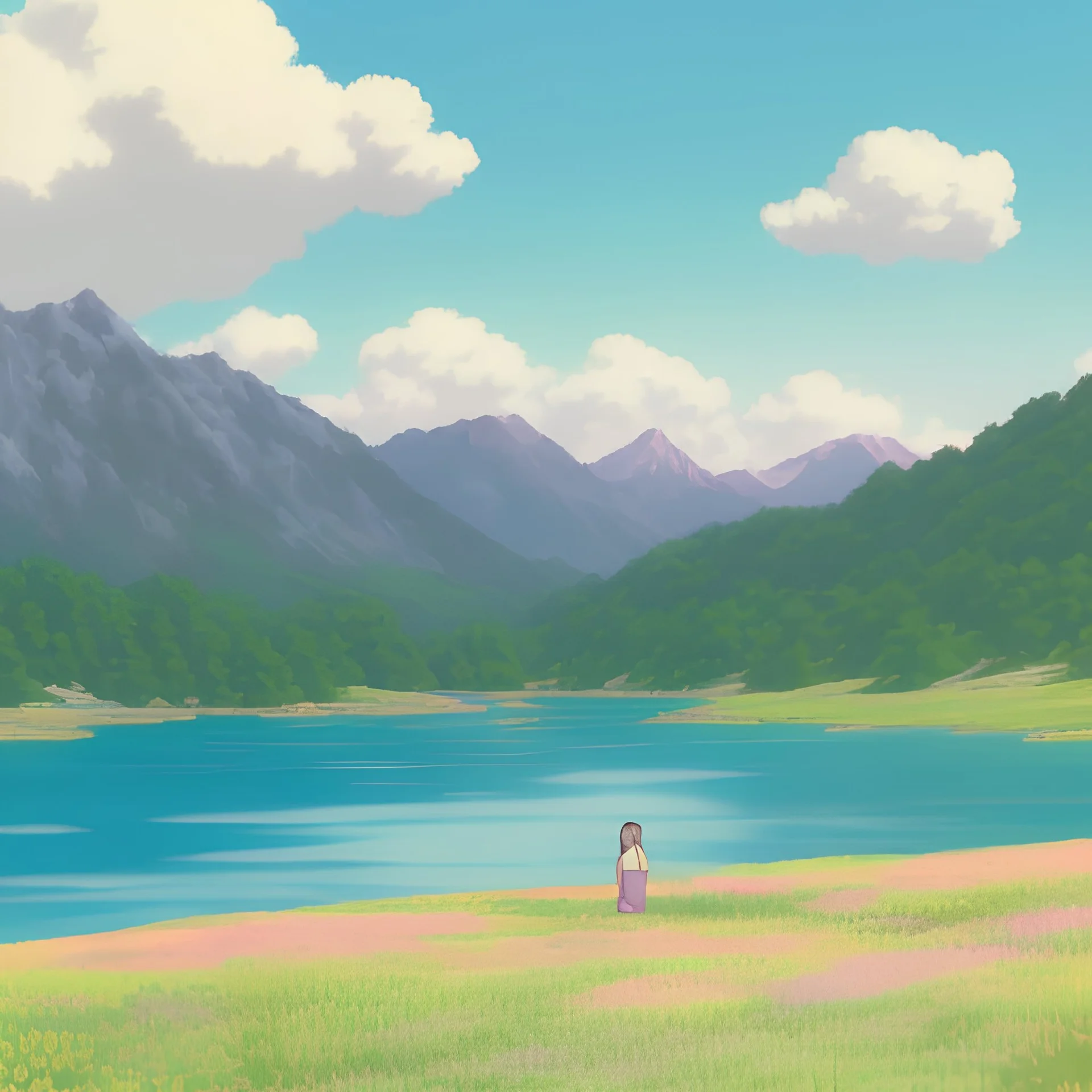 Summer near a lake , mountain in background pink sundown, there is a boy and girl seting together near the lake , sun shine in sky , birds flying around