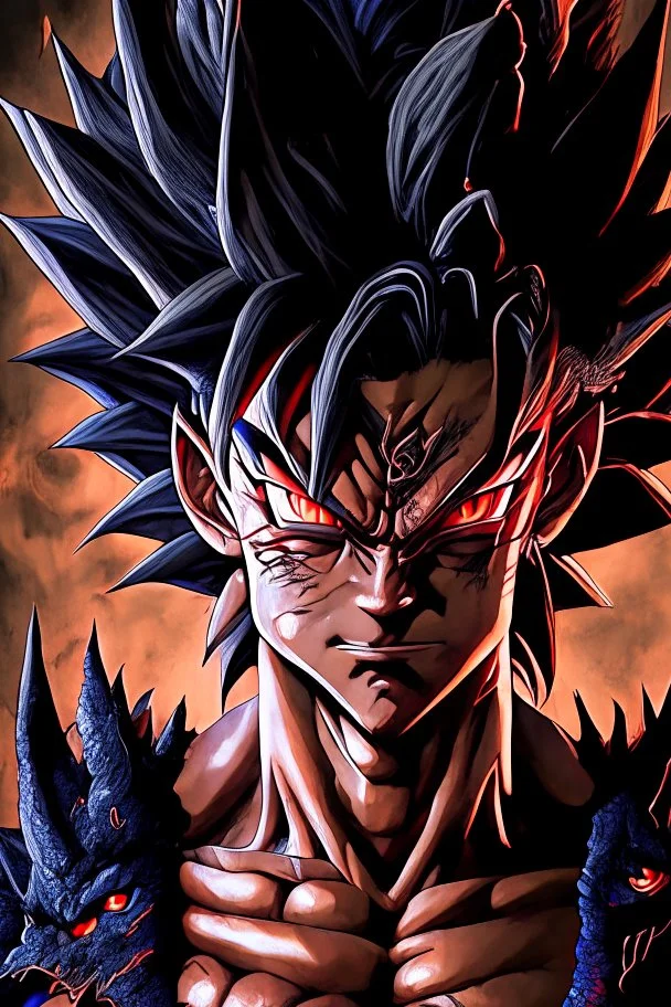 a man with a dragon on his chest, black dragon, highly detailed portrait of goku, ancalagon the black, gogeta, ultra detailed color art, official art, son goku, goku, full art, the former demon king, cgsociety 9, full color manga cover, a baddass dragon, chiaroscuro anime key visual