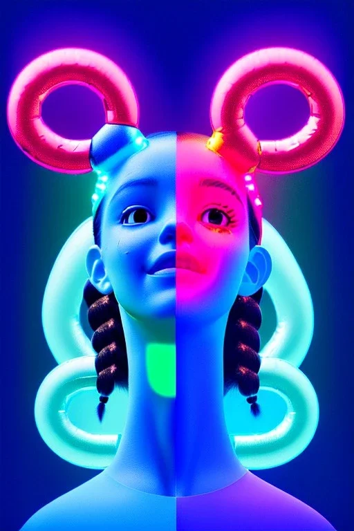 Rosalía artist, Ultra Realistic image, waist up portrait, black eye line, sweet smile face, pigtails hair, spray line make up, geometric, gold, big rings piercing, led ornament, bubble latex coat, inflatable, cold, led lights, geometric, neon, pink, blue, gold, vibrant color, highly detailed, art stations, concept art, smooth, unreal engine 5, god rays, ray tracing, RTX, lumen lighting, ultra detail, volumetric lighting, 3d, finely drawn, high definition, high resolution.