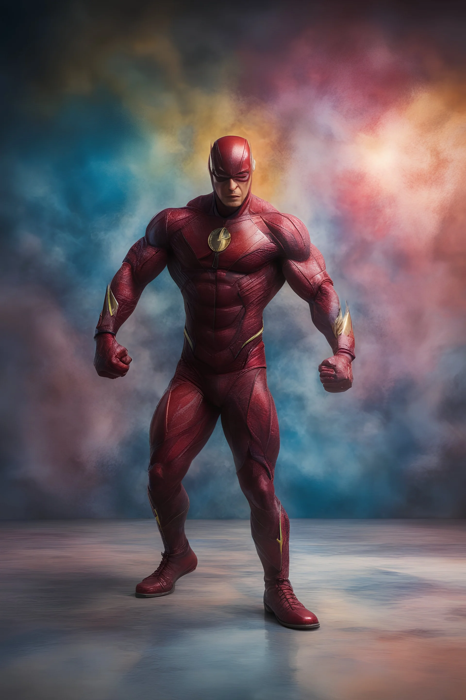 The Flash, extremely huge, overexaggerated muscles, posing and flexing in a front of the camera, random extreme action poses, an extremely colorful, multicolored foggy blue marble wall in the background with a colorful marble tile floor, multicolored lightning, realism engine,