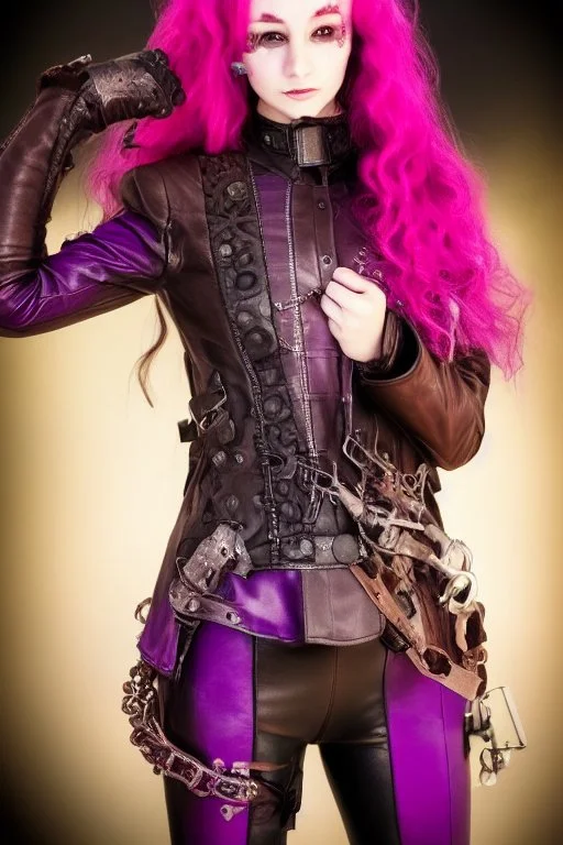 Ultra realistic photo of a steampunk woman ,, wearing leather jacket, long purple and pink hair, , 8k, highest quality,