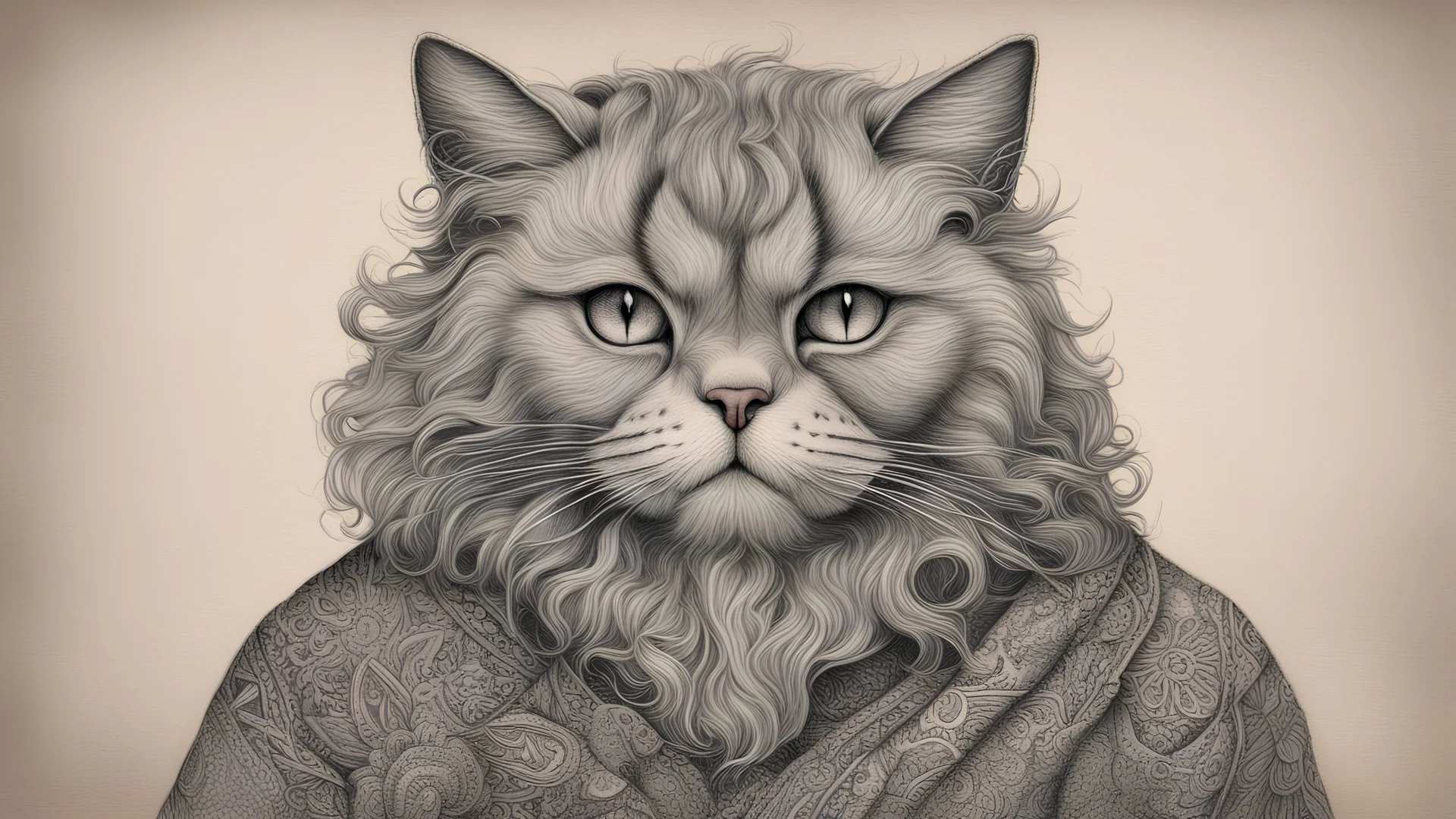 man cat, Persian, wool, fine drawing, high detail, 8K, man, tattoos, wool,