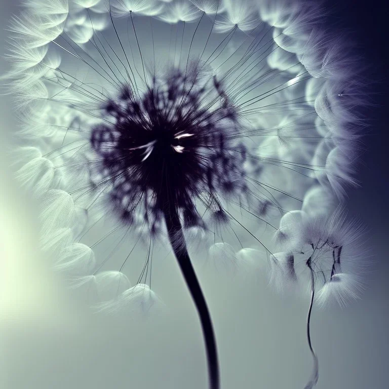 a small, fluffy dandelion on fire at the middle left part of the picture, dreamlike minimalist art with a lot of white space around it