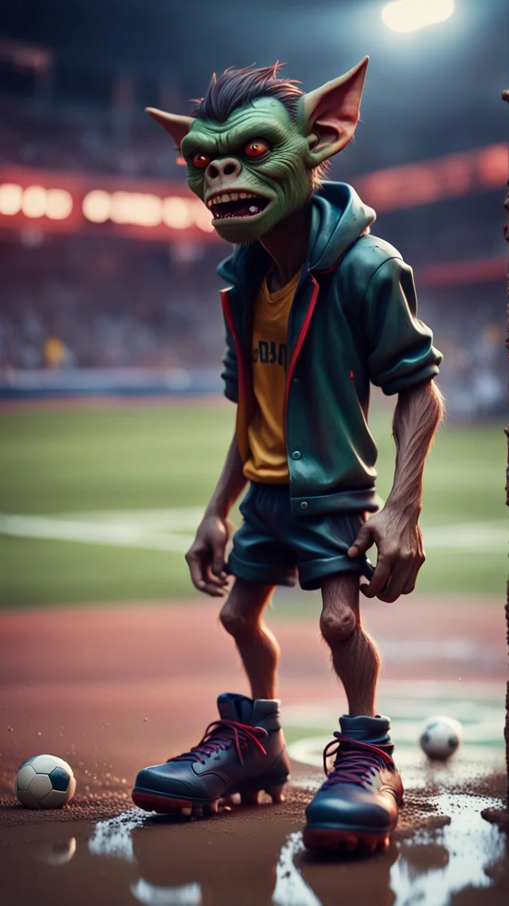 full figure portrait of a giant vampire werewolf goblin gremlin with soccer boots on wet soil in front of basketball court, in the style of Gorillaz,bokeh like f/0.8, tilt-shift lens 8k, high detail, smooth render, down-light, unreal engine, prize winning