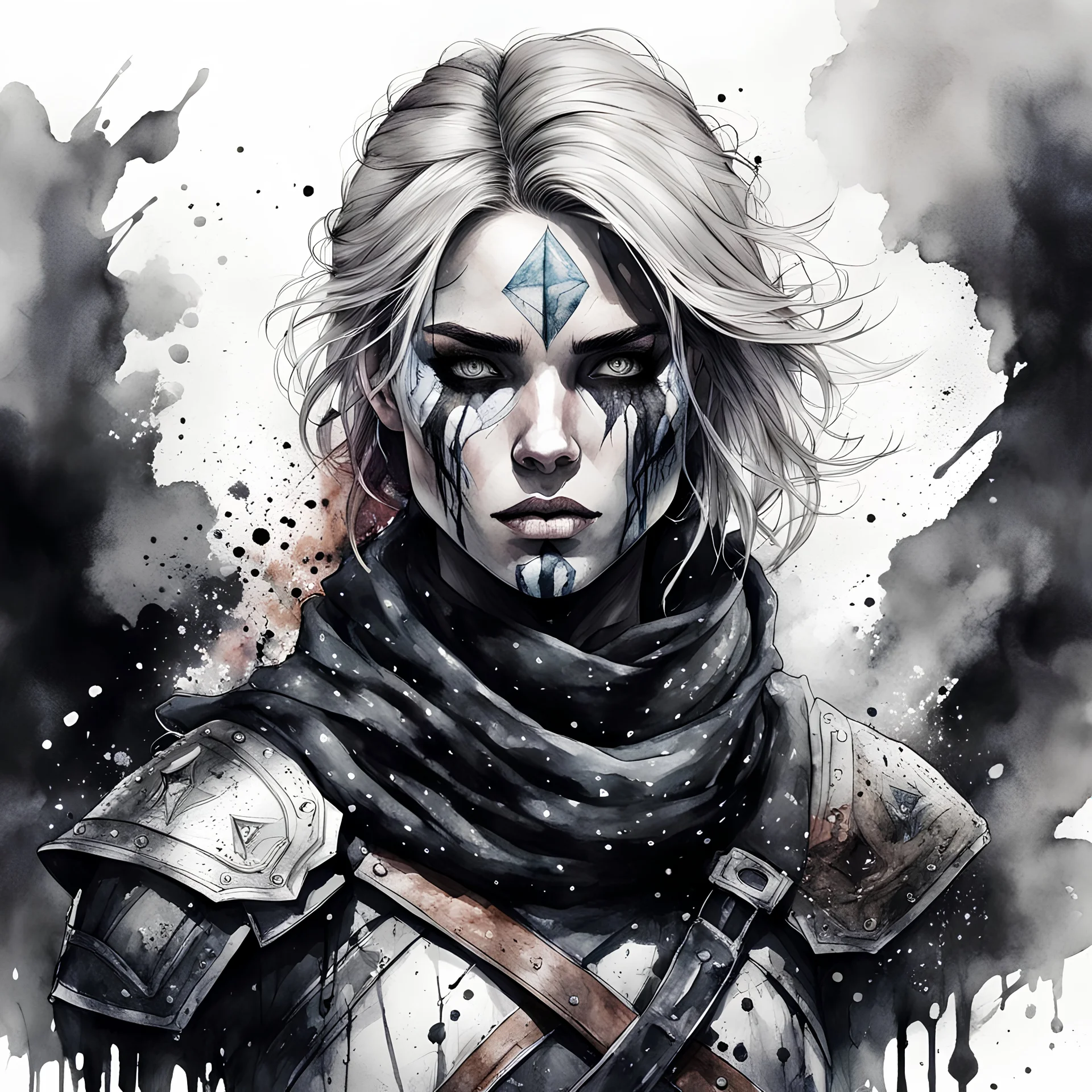 highly detailed, ink wash and watercolor concept illustration of a female Nordic rogue warrior character , maximalist, sharp focus, highest resolution, in the styles of Agnes Cecile, Alex Pardee, and Bill Sienkiewicz, 8k, coarse, gritty textures