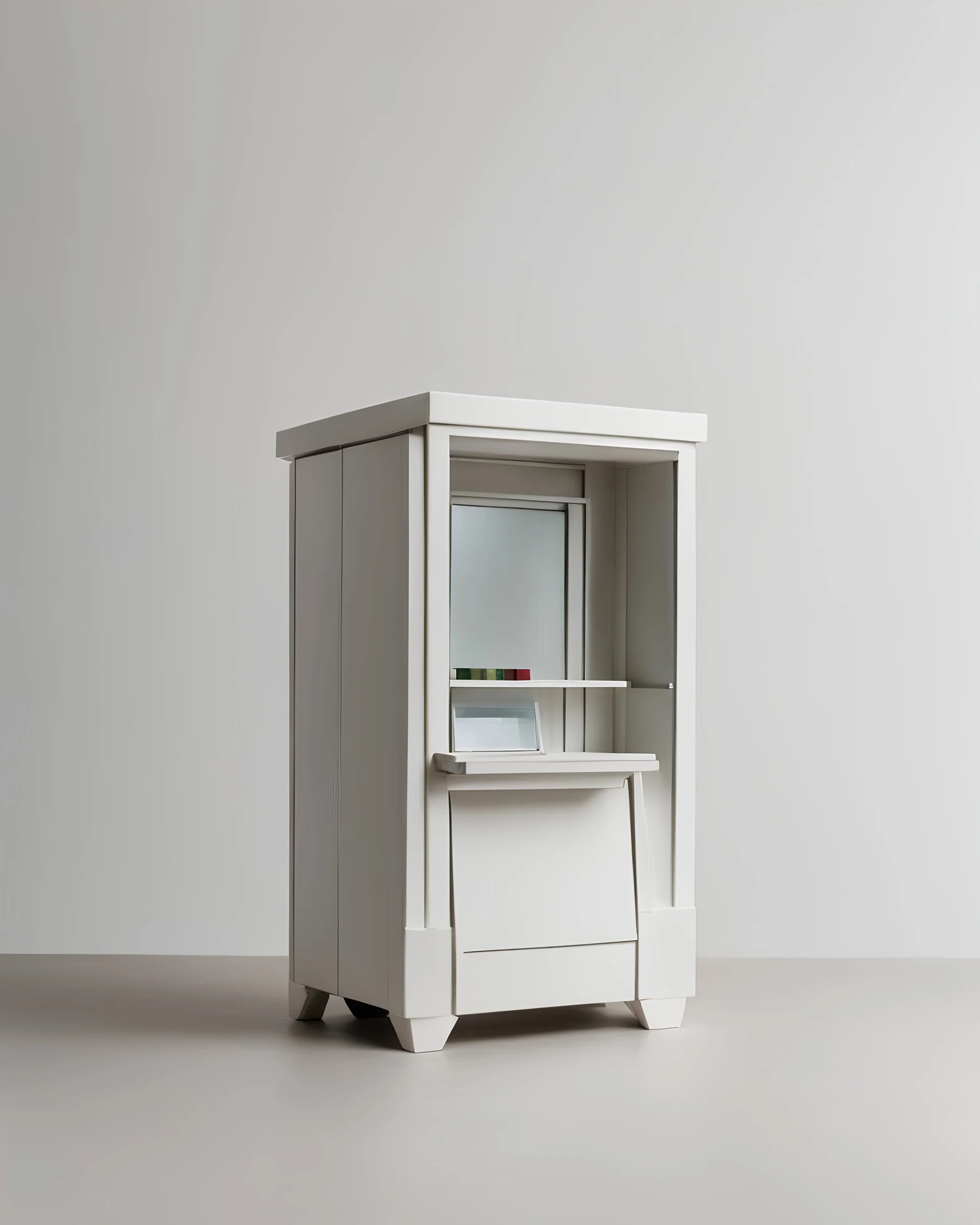 Inspired by Mark Rothko, Benetton, gestalt theory and silver mean; intricate brutalist miniature porcelain sculpture of vacant street commercial kiosk on legs, circa 2000, in a contemporary urban art gallery, pure and clean materials. Eye-catching, vivid, product-focused, sharp focus.